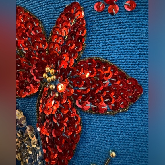 Vintage 90’s Sequin Embellished Blue Knit Grannycore Ramie Cotton Sweater Med - Picture 13 of 15